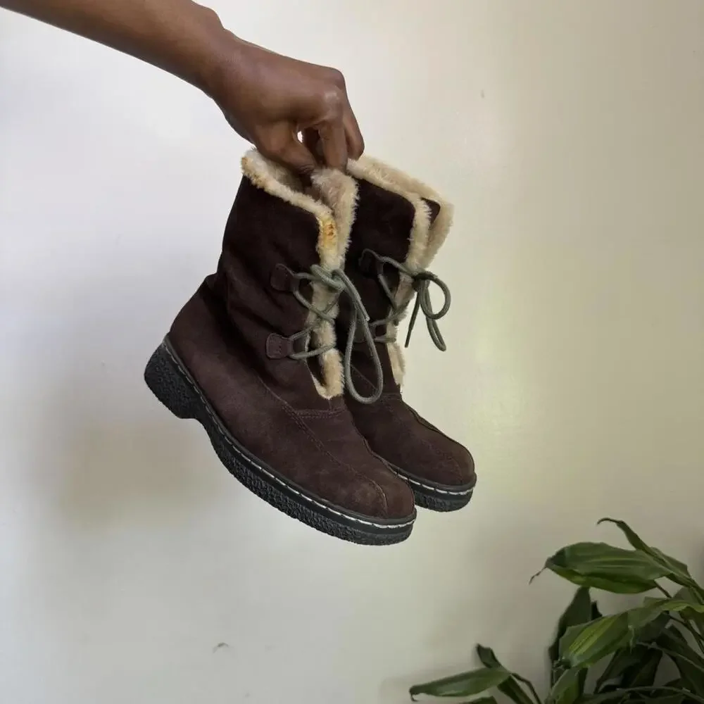 Vintage brown suede ankle‎ boots with fur trim and lace up details size 7.5